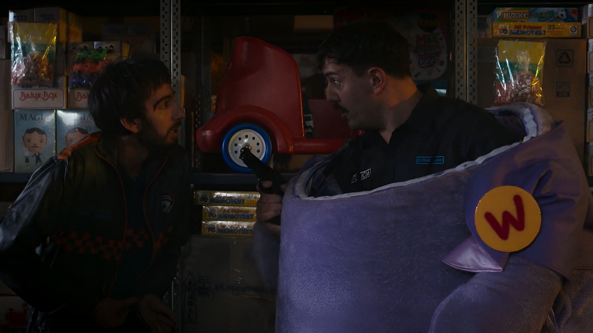 Esteban arrives in disguise at the toy warehouse to rescue Felipe during a critical moment in Community Squad season 1. (Image via Netflix)